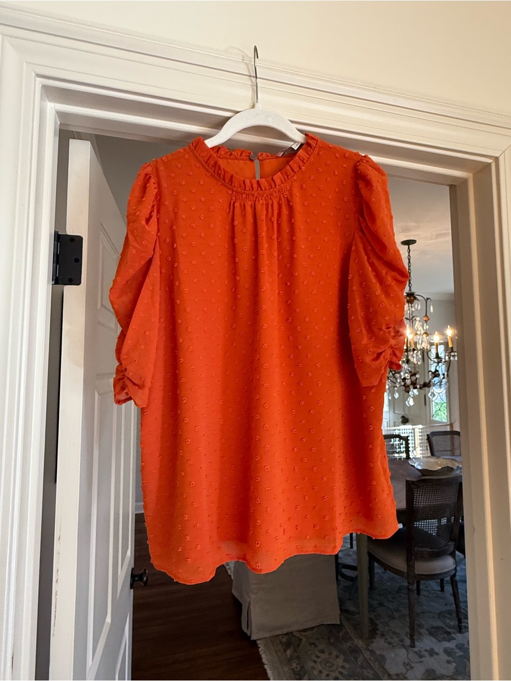 LOFT Orange Dot-Textured Puff Sleeve Blouse